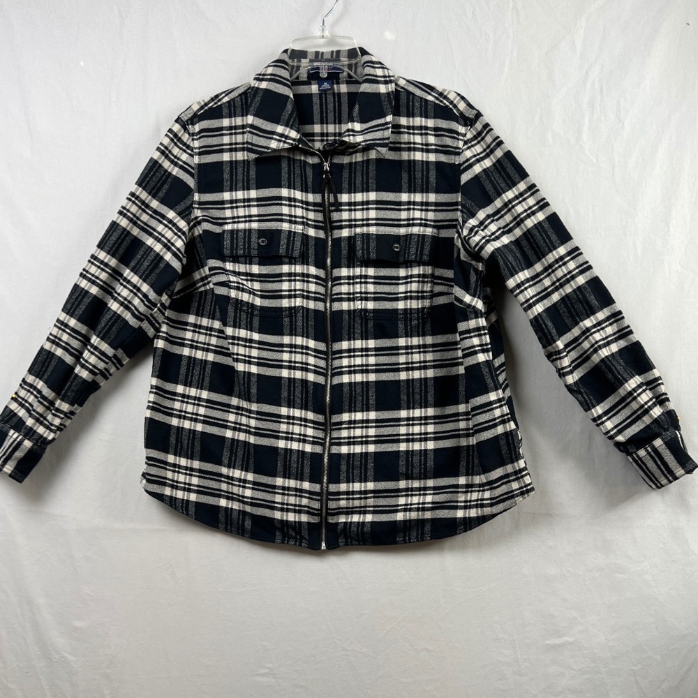 Chaps Shirt Jacket Womens 1X Black White Plaid Full Zip Cotton Flannel